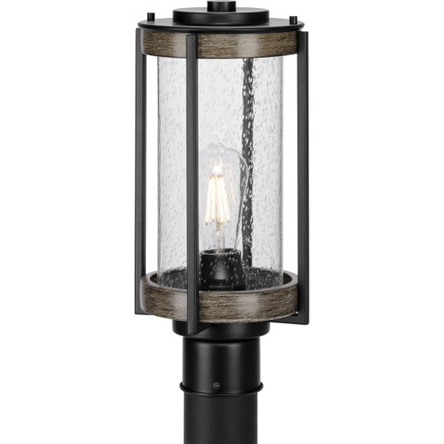 Whitmire Collection One-Light Farmhouse Matte Black Clear Seeded Glass Outdoor Post Light (P540094-31M)