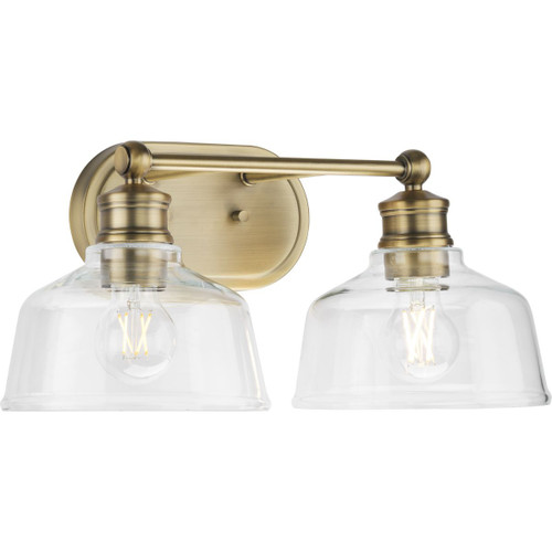 Singleton Collection Two-Light 17" Vintage Brass Farmhouse Vanity Light with Clear Glass Shades (P300396-163)