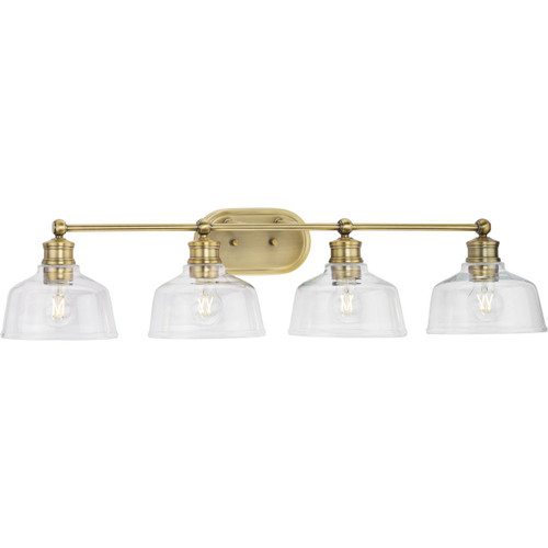 Singleton Collection Four-Light 36" Vintage Brass Farmhouse Vanity Light with Clear Glass Shades (P300398-163)