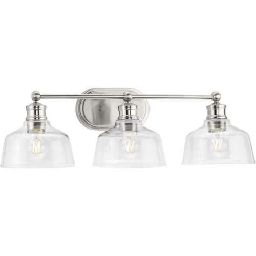 Singleton Collection Three-Light 26.5" Brushed Nickel Farmhouse Vanity Light with Clear Glass Shades (P300397-009)