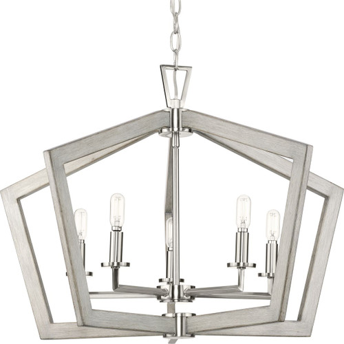 Galloway Collection Five-Light 19.25" Brushed Nickel Modern Farmhouse Pendant Light with Grey Washed Oak Accents (P400301-009)