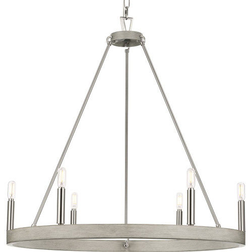 Galloway Collection Six-Light 28.25" Brushed Nickel Modern Farmhouse Chandelier with Grey Washed Oak Accents (P400302-009)