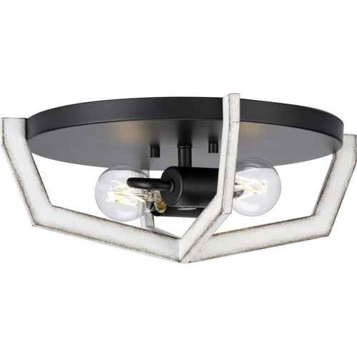 Galloway Collection Two-Light 15" Matte Black Modern Farmhouse Flush Mount Light with Distressed White Accents (P350224-31M)