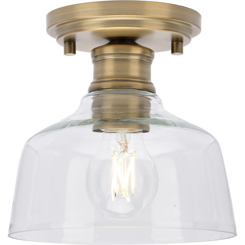 Singleton Collection One-Light 7.62" Vintage Brass Farmhouse Small Semi-Flush Mount Light with Clear Glass Shade (P350226-163)