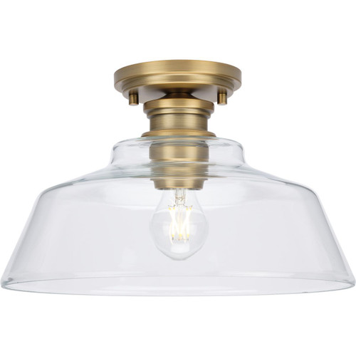 Singleton Collection One-Light 14" Vintage Brass Farmhouse Medium Semi-Flush Mount Light with Clear Glass Shade (P350227-163)