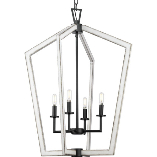 Galloway Collection Four-Light 30" Matte Black Modern Farmhouse Foyer Light with Distressed White Accents for (P500378-31M)
