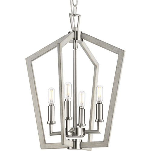 Galloway Collection Four-Light 18" Brushed Nickel Modern Farmhouse Foyer Light with Grey Washed Oak Accents (P500377-009)