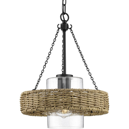 Pembroke Collection One-Light 18.5" Matte Black Coastal Outdoor Pendant with Mocha Rattan Accents and Seeded Glass Shade (P550126-31M)
