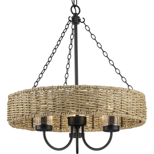 Pembroke Collection Three-Light 21.5" Matte Black Coastal Outdoor Pendant with Mocha Rattan Accents and Seeded Glass Shade (P550127-31M)