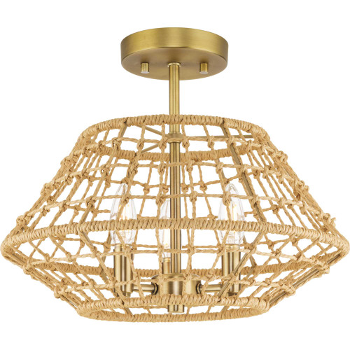Laila Collection 16 in. Three-Light Vintage Brass Coastal Semi-Flush Convertible with Woven Jute Accents (P350246-163)