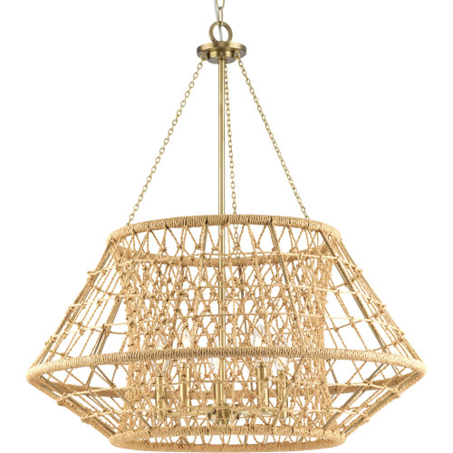 Laila Collection Five-Light Vintage Brass Coastal Chandelier with Woven Jute Accents (P400324-163)