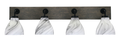 Oxbridge 4 Light Bath Bar In Matte Black & Painted Distressed Wood-look Metal Finish With 6.25" Onyx Swirl Glass (1774-MBDW-4769)