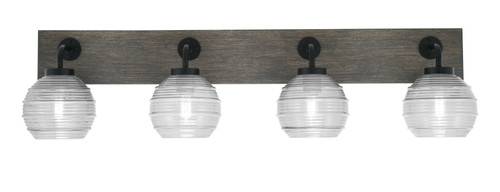 Oxbridge 4 Light Bath Bar In Matte Black & Painted Distressed Wood-look Metal Finish With 6" Clear Ribbed Glass (1774-MBDW-5110)