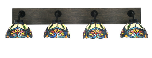 Oxbridge 4 Light Bath Bar In Matte Black & Painted Distressed Wood-look Metal Finish With 7" Pavo Art Glass (1774-MBDW-9425)