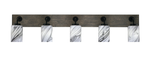 Oxbridge 5 Light Bath Bar In Matte Black & Painted Distressed Wood-look Metal Finish With 4" Onyx Swirl Glass (1775-MBDW-3009)