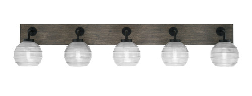 Oxbridge 5 Light Bath Bar In Matte Black & Painted Distressed Wood-look Metal Finish With 6" Clear Ribbed Glass (1775-MBDW-5110)