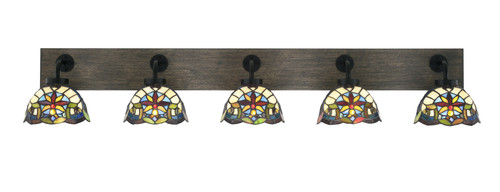 Oxbridge 5 Light Bath Bar In Matte Black & Painted Distressed Wood-look Metal Finish With 7" Earth Star Art Glass (1775-MBDW-9365)