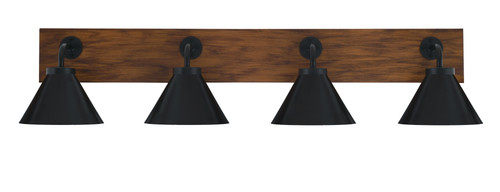 Oxbridge 4 Light Bath Bar In Matte Black & Painted Wood-look Metal Finish With 7" Matte Black Cone Metal Shades (1774-MBWG-421-MB)