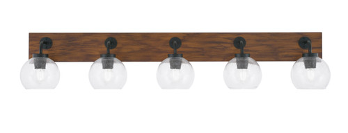 Oxbridge 5 Light Bath Bar In Matte Black & Painted Wood-look Metal Finish With 5.75" Clear Bubble Glass (1775-MBWG-4100)