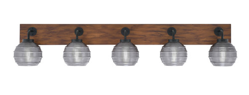 Oxbridge 5 Light Bath Bar In Matte Black & Painted Wood-look Metal Finish With 6" Smoke Ribbed Glass (1775-MBWG-5112)