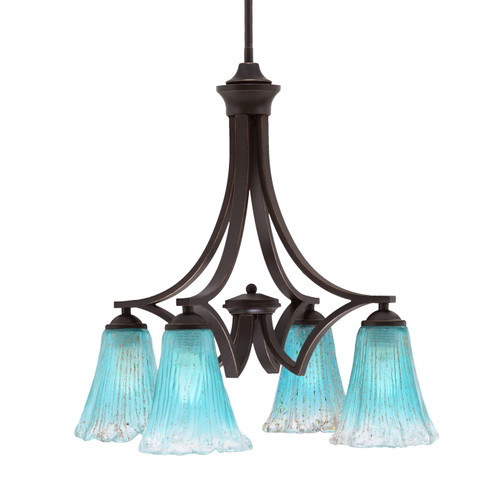 Zilo Downlight, 4 Light, Chandelier In Dark Granite Finish With 5.5" Fluted Teal Crystal Glass (568-DG-725)