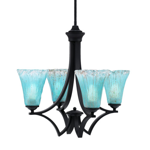 Zilo Uplight, 4 Light, Chandelier In Matte Black Finish With 5.5" Fluted Teal Crystal Glass (564-MB-725)