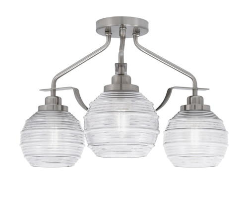 Odyssey 3 Light Semi Flush Mount In Brushed Nickel Finish With 6" Clear Ribbed Glass (2607-BN-5110)