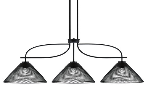 Cavella 3 Light Island Light Shown In Matte Black Finish With 14" Matte Black Cone Mesh Metal Shades (3936-MB-808)