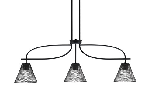 Cavella 3 Light Island Light Shown In Matte Black Finish With 7" Matte Black Cone Mesh Metal Shades (3936-MB-805)