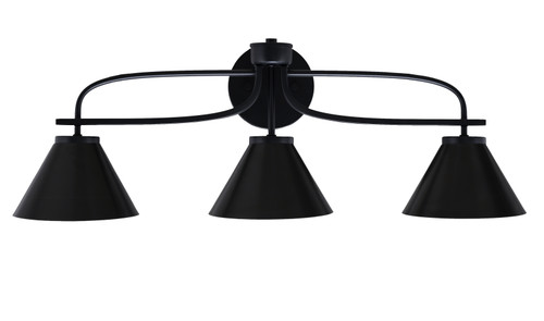 Cavella 3 Light Bath Bar Shown In Matte Black Finish With 7" Matte Black Cone Metal Shades (3913-MB-421-MB)
