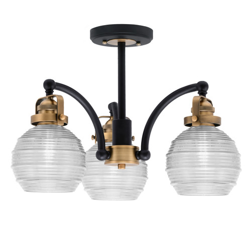 Easton 3 Light Semi-Flush Shown In Matte Black & Brass Finish With 6" Clear Ribbed Glass (1947-MBBR-5110)