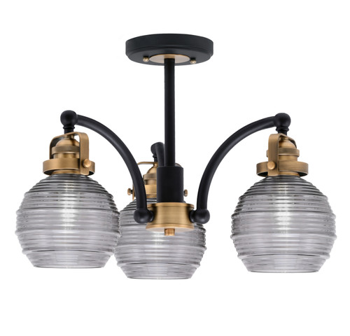 Easton 3 Light Semi-Flush Shown In Matte Black & Brass Finish With 6" Smoke Ribbed Glass (1947-MBBR-5112)