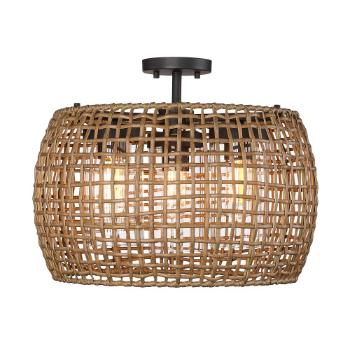 Piper 3 Light Semi-Flush - Outdoor in Natural Black with Maple All-Weather Wicker Shade (1067-OSF NB-MAW)