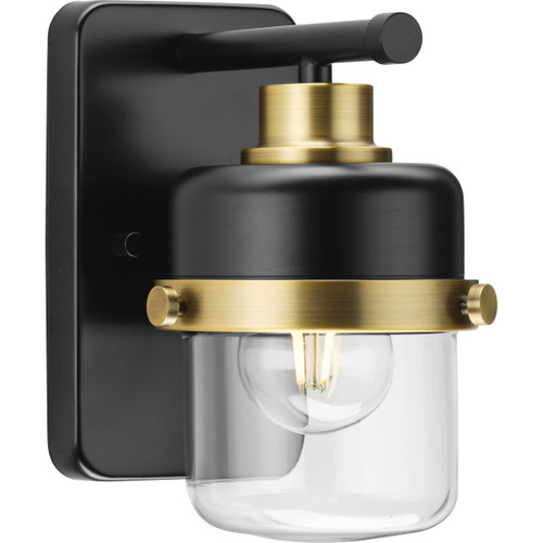 Beckner Collection One-Light Matte Black Clear Glass Urban Industrial Bath Light with Vintage Brass Accents (P300422-31M)