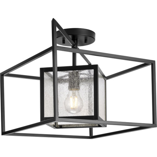 Navarre One-Light Matte Black and Seeded Glass Indoor/Outdoor Close-to-Ceiling Light (P350256-31M)