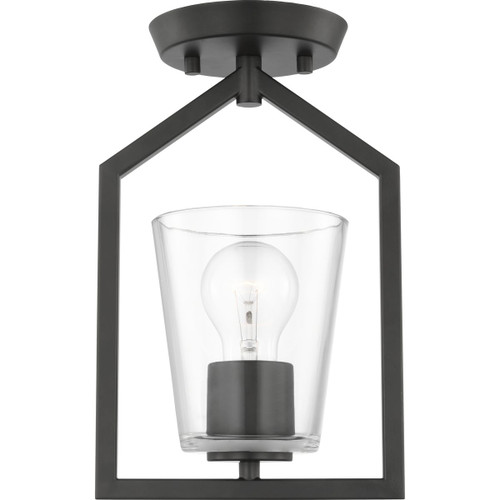 Vertex Collection One-Light Matte Black Clear Glass Contemporary Semi-Flush Mount with (P350258-31M)