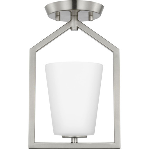 Vertex Collection One-Light Brushed Nickel Etched White Contemporary Semi-Flush Mount (P350259-009)