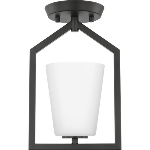 Vertex Collection One-Light Matte Black Etched White Contemporary Semi-Flush Mount (P350259-31M)