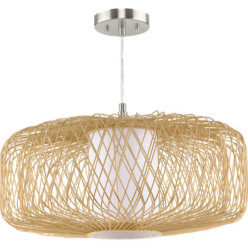 Cordova Collection One-Light Large Natural Rattan Organic Modern Pendant with White Linen Shade (P500397-201)