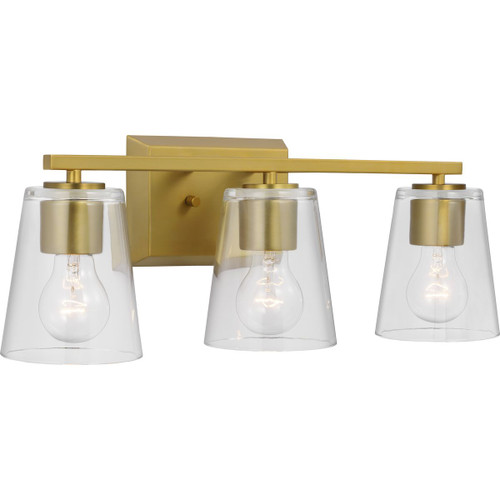 Vertex Collection Three-Light Brushed Gold Clear Glass Contemporary Bath Light (P300459-191)