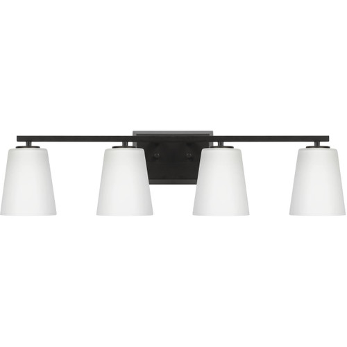 Vertex Collection Four-Light Matte Black Etched White Glass Contemporary Bath Light (P300464-31M)