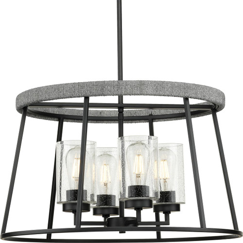 Laramie Collection Four-Light Matte Black Rustic Modern Clear Seeded Glass Chandelier (P400322-31M)