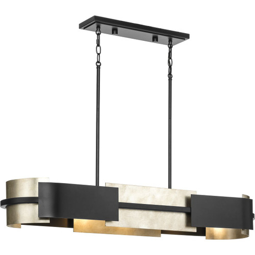 Lowery Collection Four-Light Matte Black Industrial Luxe Linear Chandelier with Aged Silver Leaf Accent (P400352-31M)