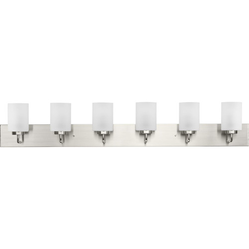 Merry Collection Six-Light Brushed Nickel and Etched Glass Transitional Style Bath Vanity Wall Light (P300421-009)