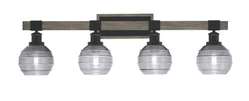 Tacoma 4 Light Bath Bar Shown In Matte Black & Painted Distressed Wood-Look Metal Finish With 6" Smoke Ribbed Glass (1844-MBDW-5112)