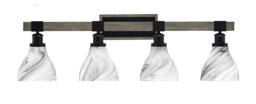 Tacoma 4 Light Bath Bar Shown In Matte Black & Painted Distressed Wood-Look Metal Finish With 6.25" Onyx Swirl Glass (1844-MBDW-4769)