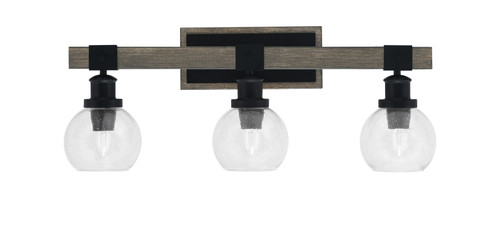 Tacoma 3 Light Bath Bar Shown In Matte Black & Painted Distressed Wood-Look Metal Finish With 5.75" Clear Bubble Glass (1843-MBDW-4100)