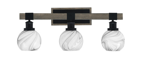 Tacoma 3 Light Bath Bar Shown In Matte Black & Painted Distressed Wood-Look Metal Finish With 5.75" Onyx Swirl Glass (1843-MBDW-4109)