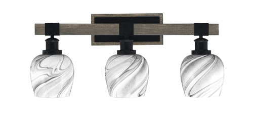Tacoma 3 Light Bath Bar Shown In Matte Black & Painted Distressed Wood-Look Metal Finish With 6" Onyx Swirl Glass (1843-MBDW-4819)