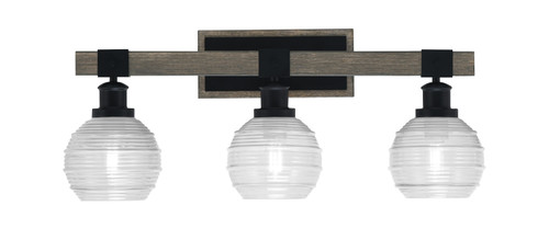 Tacoma 3 Light Bath Bar Shown In Matte Black & Painted Distressed Wood-Look Metal Finish With 6" Clear Ribbed Glass (1843-MBDW-5110)